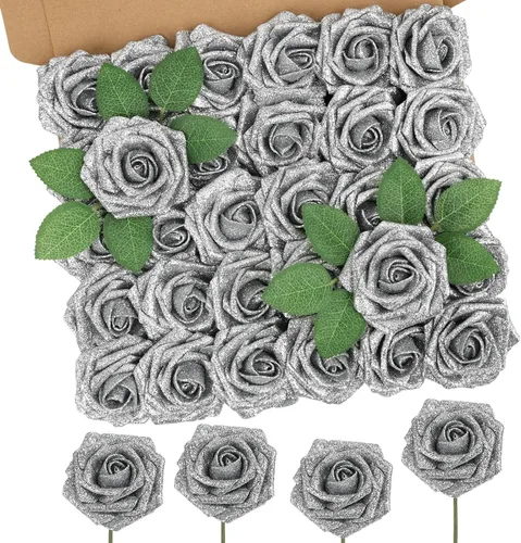 Vista 25 de MACTING 30 PCS Flores Artificiales Rosas Negras y Blancas Flores Falsas con Tallo Rosas de Espuma de Tacto Real para Boda Bola de Besos Ramillete