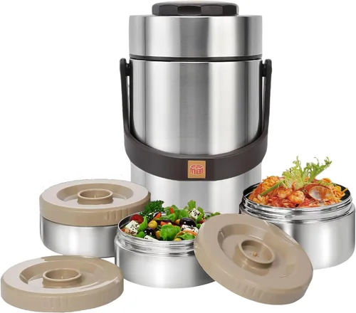 Vista 10 de Contenedor de comida aislado al vacío de 67 onzas para alimentos calientes, termo de alimentos apilable sellado de 3 niveles, lonchera térmica