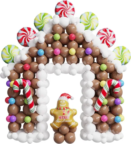 Vista 2 de Kit de 440 piezas de globos de Navidad para casa de jengibre, arco de globos marrón y blanco con piruletas, bastones de caramelo, hombre de jengibre