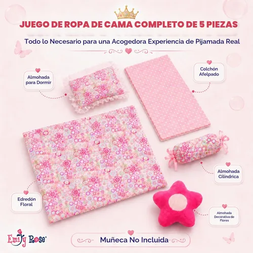 Vista 2 de Emily Rose Cama con dosel de princesa de 18 pulgadas, madera blanca con cortinas de tul rosa, juego de ropa de cama de 5 piezas y cajón