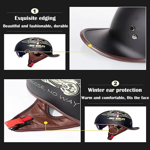 Vista 5 de Hanhua Medio casco de motocicleta para adultos, hombres y mujeres, casco de calavera de cara abierta vintage, aprobado por DOT/ECE, AVT Cruiser