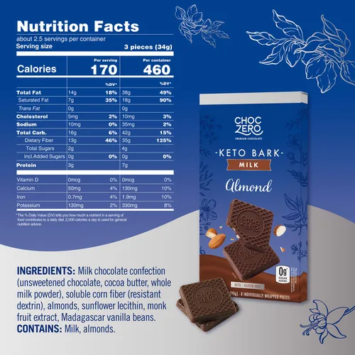 Vista 2 de ChocZero Corteza de almendras de chocolate con leche, sin azúcar añadida, baja en carbohidratos, alta fibra, apta para dieta cetogénica, sin