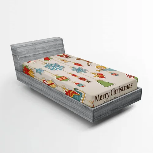Vista 5 de Ambesonne Sábana bajera ajustable de ciervos, animales con patrón de texto antiguo, tema navideño, ilustración de estilo vintage, ropa de cama