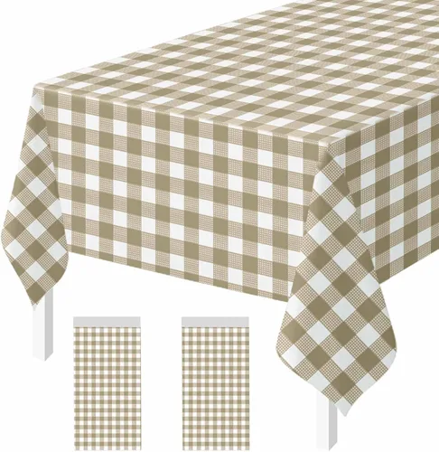 Vista 30 de Paquete de 2 Manteles de Plástico Beige Desechables Cubiertas de Mesa Mantel Rectangular Beige para Fiesta Baby Shower Boda Cumpleaños Mantel
