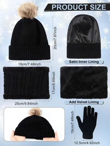 Vista 2 de 10 piezas de gorro de invierno bufanda guantes de punto cálido bufanda guantes pantalla táctil orejeras calcetines satén forro interior sombrero