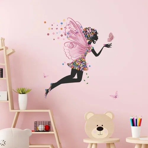 Vista 3 de Calcomanías de pared de mariposa para niña, calcomanías de pared de hadas de flores, calcomanías de vinilo extraíbles para niñas, bebés, guardería