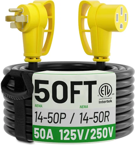 Vista 12 de POWGRN NEMA 14-50P a NEMA 14-50R Cable de extensión de alimentación de 50 amperios para RV/EV de 10 pies al aire libre con mango de agarre, cable