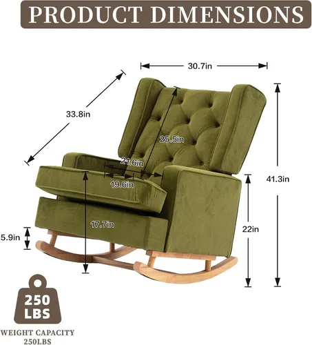 Vista 2 de QQU Mecedora con brazos, silla de ocio para interiores, cómoda silla de respaldo alto con base de madera maciza, bolsillo lateral para sala