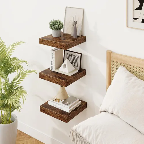 Vista 7 de Marsmiles 12in Depth Floating Shelves, 12x12x1.4, Rustic Brown, Set of 3 Marrón rústico