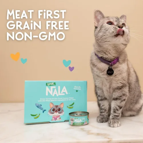 Vista 5 de LOVE, NALA - Comida húmeda natural para gatos adultos - Atún en copos con zanahoria y guisantes verdes en caldo - Sin granos, sin OMG, proteína