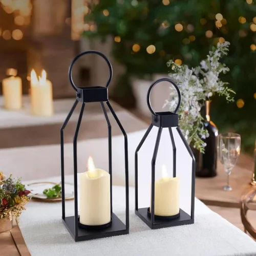 Vista 5 de PHOSPHOR Juego de 2 faroles modernos de metal negro para decoración de granja, faroles de interior y exterior con velas para sala de estar