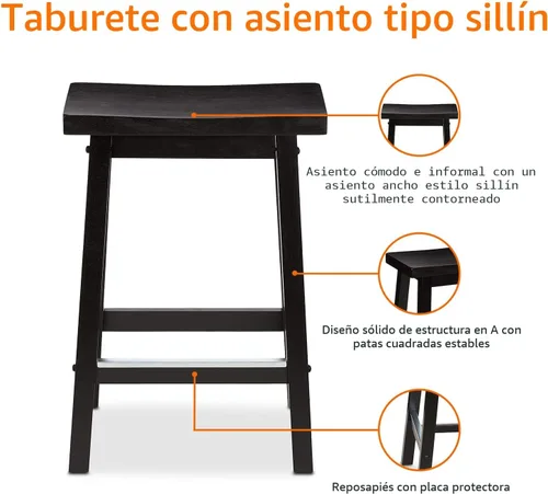 Vista 5 de Amazon Basics Taburetes de bar de madera maciza para isla de cocina con reposapiés, 24 pulgadas de altura, negro, juego de 2