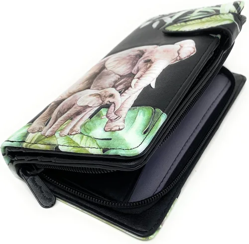 Vista 4 de Shag Wear Elephant Jungle - Cartera grande de animales para mujeres y adolescentes, piel sintética vegana de 7 pulgadas, color negro, Negro