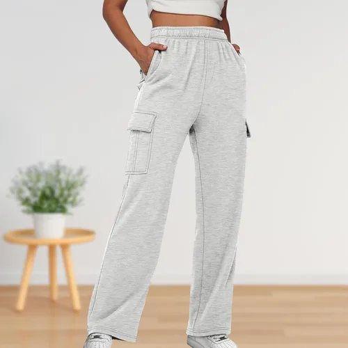 Vista 3 de BBIQI Pantalones deportivos tipo cargo para mujer, pierna ancha, holgados, pierna recta, cintura alta, pantalones deportivos casuales con bolsillos