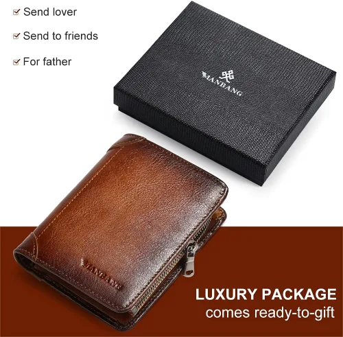 Vista 6 de Billetera para hombre con cremallera de cuero genuino RFID tarjeteros de piel de vaca con cremallera bolsillo para monedas, carteras plegables