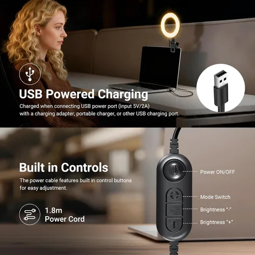 Vista 7 de NEEWER BR60 - Anillo de luz básico de 5 pulgadas para iluminación de videoconferencia, kit de luz con clip con soporte de trípode de escritorio