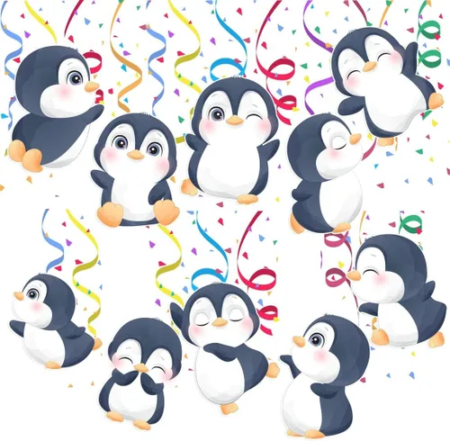 Vista 4 de Pingüino 10 piezas de decoración de remolinos colgantes – Bonitos suministros de fiesta de pingüinos para cumpleaños de niños, baby shower, invierno