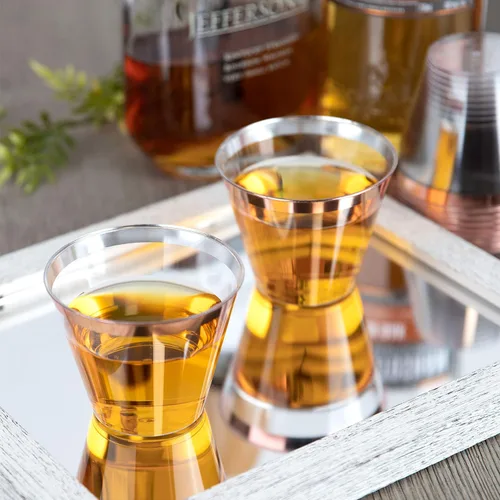Vista 3 de PLASTICPRO 9 onzas Vasos de plástico desechables para fiesta, vasos de diseño antiguo, cristal transparente (transparente con borde de oro rosa, 200)