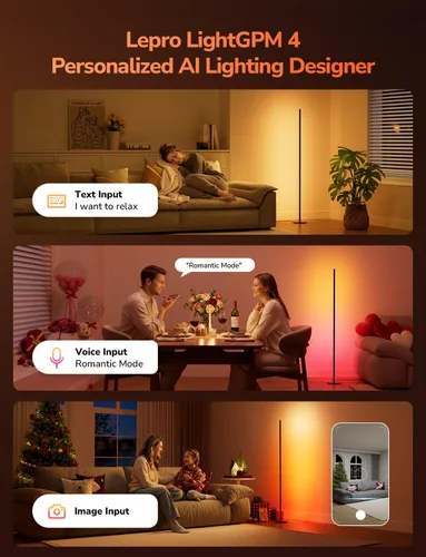 Vista 2 de Lepro OE1 Lámpara de pie de esquina AI, lámpara de esquina LED inteligente RGBICW con sincronización de música, habilitada para Alexa, diseñador