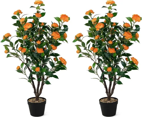 Vista 9 de Árbol de camelia artificial de 36 pulgadas con flores falsas Naranja