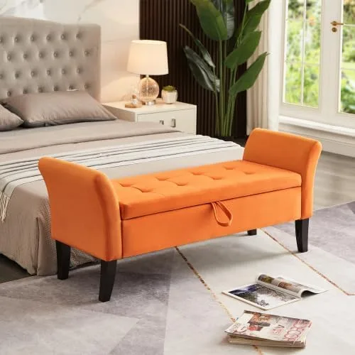 Vista 11 de 51.5" Velvet Storage Ottoman Bench with Curved Arms, Rectangular End of Bed Chest for Bedroom & Living Room Grey