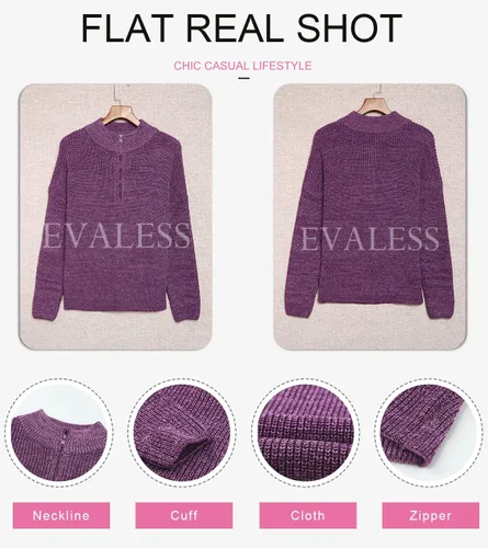 Vista 7 de EVALESS Suéteres para mujer, suéter de manga larga con cremallera de un cuarto, cuello en V, suéter tipo polo para mujer