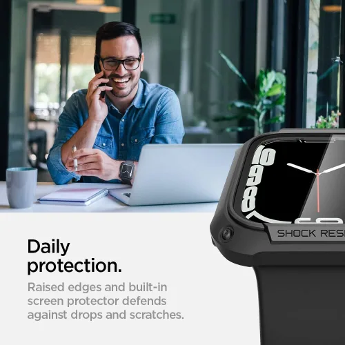 Vista 4 de Spigen para Apple Watch - Funda con protector de pantalla de vidrio templado táctil incorporado, resistente y de cobertura completa, armadura