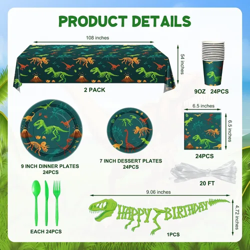 Vista 2 de Uiifan 171 piezas de decoraciones de cumpleaños de dinosaurios con platos de cumpleaños de dinosaurios, vasos de papel, manteles, servilletas