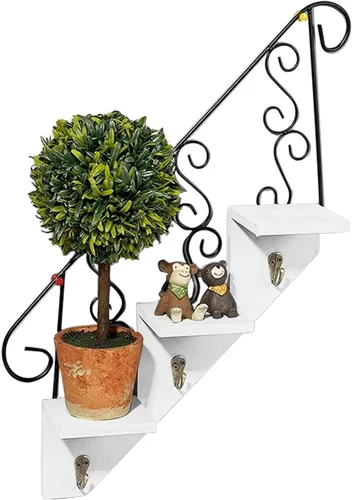 Vista 8 de TITA-DONG Estantes flotantes decorativos montados en la pared de 3 niveles, estantes de pared de madera en forma de escalera, estante colgante