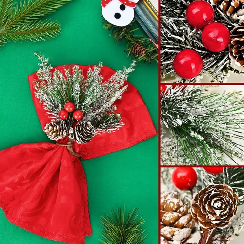 Vista 6 de 12 servilleteros de Navidad, servilleteros de pino nevado con bayas rojas, hebilla de servilleta de bayas para Navidad, boda, cena, mesa, reunión