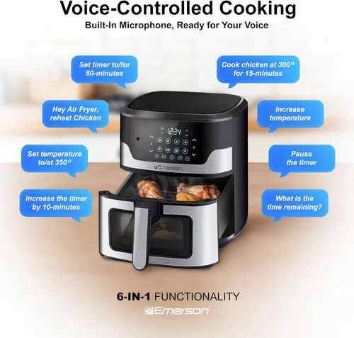Vista 4 de Emerson Freidora de aire SmartVoice de 5.3 cuartos de galón, más de 1000 comandos de voz, cocina digital 6 en 1, diseño compacto de encimera, cocina