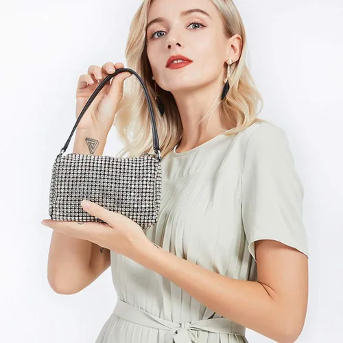 Vista 6 de Bolso de mano de noche con cristales brillantes para mujeres y niñas, bolso cruzado brillante para boda, graduación, fiesta, club, bolsos