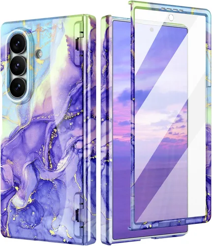 Vista 19 de Btscase Funda para Samsung Galaxy Z Fold 5, protector de pantalla frontal integrado, patrón de mármol dorado con purpurina de policarbonato duro