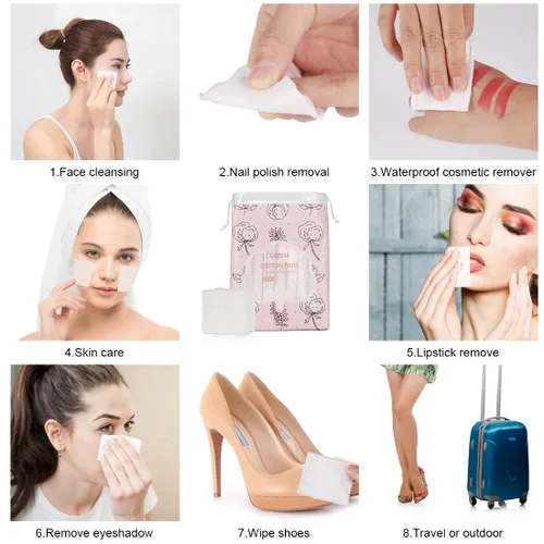 Vista 9 de Almohadillas de algodón, almohadillas para eliminar maquillaje facial de labios y ojos, 100% algodón puro, cuadrados de algodón cosmético eficaz