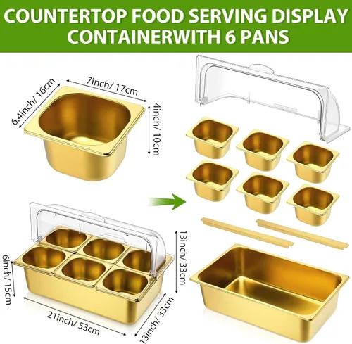 Vista 2 de Ziliny - Contenedor de 6 bandejas para servir alimentos para encimera, transparente, color dorado Stainless Steel Ice Food Serving Tray, Buffet