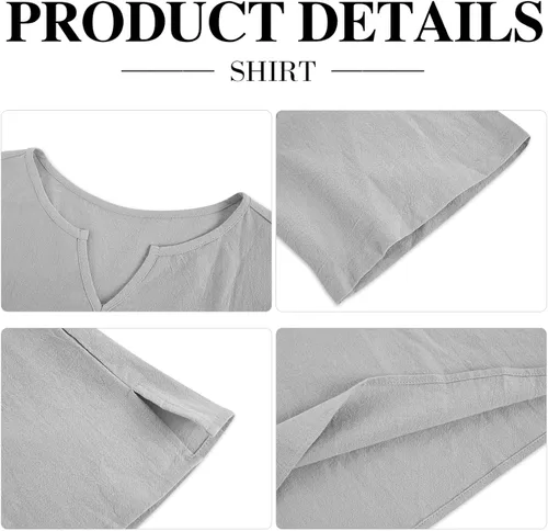 Vista 2 de Conjunto de ropa de cama de algodón para hombre, conjunto cómodo de 2 piezas, conjunto de camisa y pantalones cortos Henley de manga corta