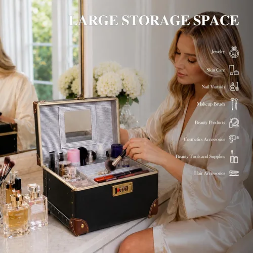 Vista 3 de urecity Estuche de maquillaje vintage de piel artificial, organizador profesional de cosméticos con cerradura de combinación de metal, caja
