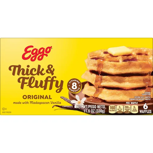 Vista 8 de Eggo Waffles congelados gruesos y esponjosos, desayuno congelado, comida para el desayuno, original, caja de 11.6 onzas (6 waffles)