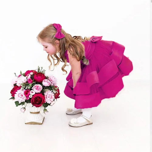 Vista 5 de 3M-6T Vestido de fiesta de tul con volantes y encaje sin espalda para niña pequeña