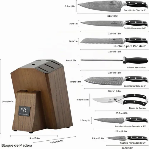 Vista 6 de Juego de cuchillos de Damasco con bloque – 9 piezas VG10 67 capas de acero de alto carbono, asas de madera de Pakka con triple remachado, chef