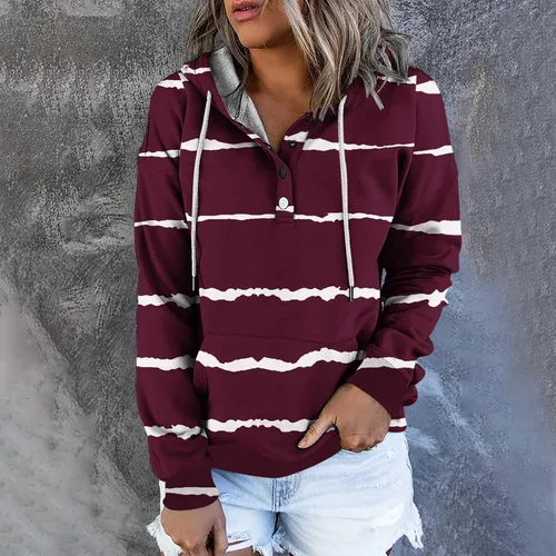 Vista 2 de Aymnlox Camisa a rayas blancas y negras para mujer, casual, con cordón, manga larga, sudaderas con botones elegantes