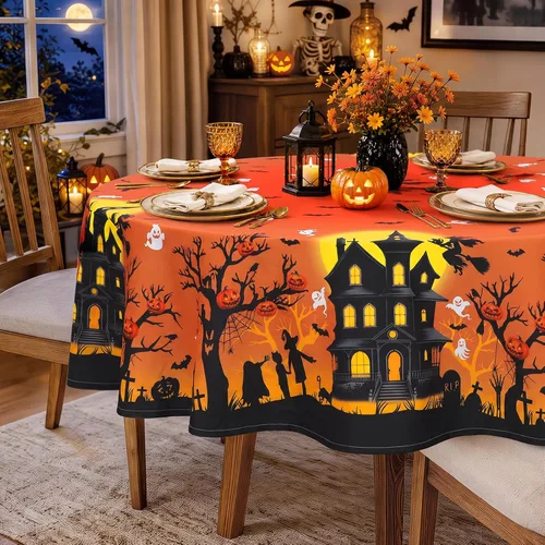 Vista 18 de Mantel rectangular de Halloween, color negro, 60 x 84 pulgadas Halloween 01