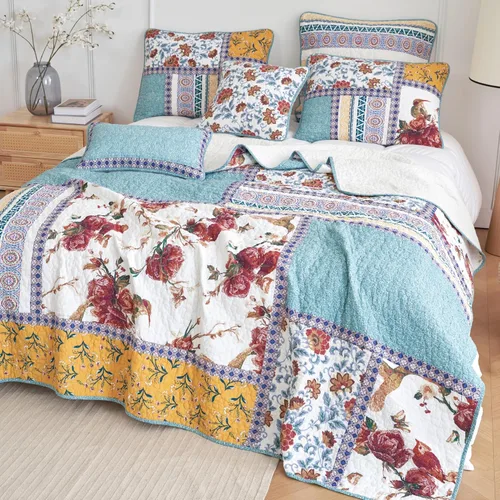 Vista 4 de Tache Home Colcha de cachemir floral bohemio rústico de algodón colcha de retazos