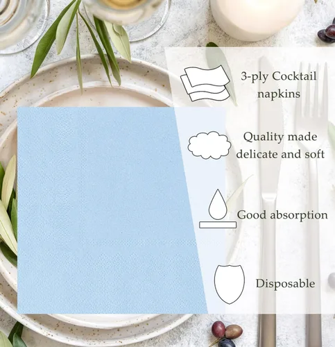 Vista 6 de 50 servilletas de cóctel de 3 capas de color azul bebé, servilletas de postre, servilletas de papel desechables para bodas, fiestas de cumpleaños