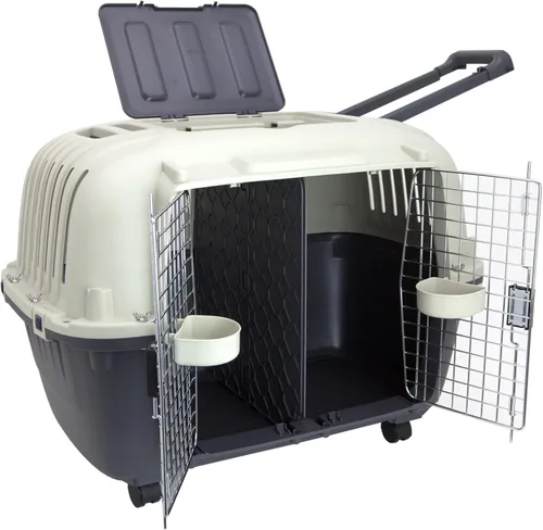 Vista 23 de SportPet Designs Perreras de plástico, Jaulas de viaje para perro, de plástico con ruedas, aprobadas para aerolínea, con puerta de alambre