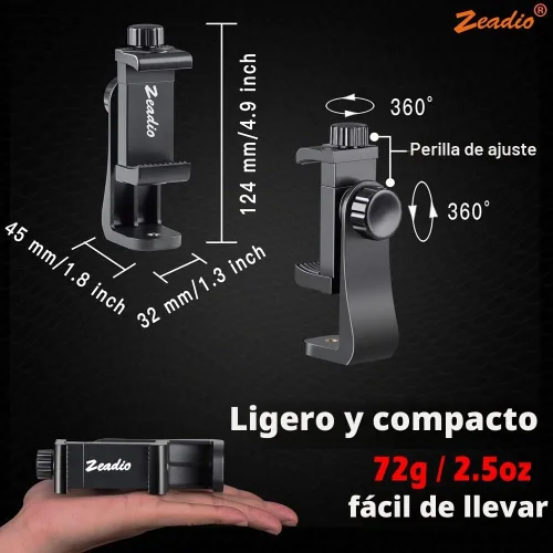 Vista 3 de Zeadio Soporte de trípode para teléfono inteligente, adaptador de soporte para teléfono celular, abrazadera ajustable para selfie, soporte giratorio