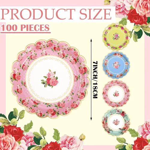 Vista 2 de Suclain 100 platos de papel para fiesta de té de flores de 7 pulgadas, platos de papel floral vintage para invitados, cenas, fiestas de té, bodas