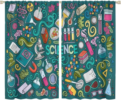 Vista 94 de Cortinas opacas para ventanas de ciencia para niños, lupa de libro de laboratorio de ciencia, lupa, frascos moleculares, cortinas impresas