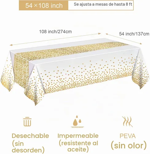 Vista 2 de MOLFUJ Mantel de plástico blanco y dorado de 54 x 108 pulgadas para fiesta, paquete de 2 manteles desechables blancos para mesa rectangular de 8