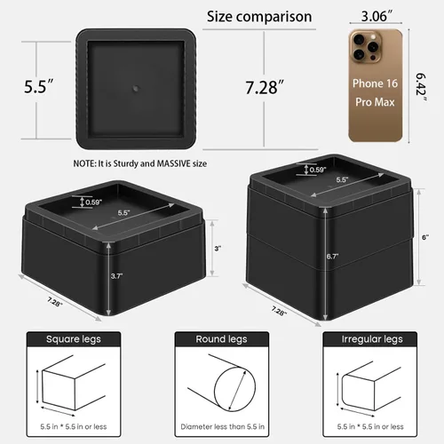 Vista 2 de Elevadores de cama de 3 pulgadas: elevadores de muebles de gran tamaño que se ajustan a patas de hasta 5.5 pulgadas, crean 3 o 6 o 9 pulgadas